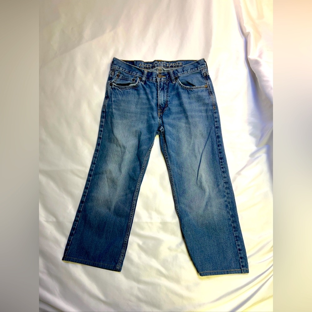 American Eagle Women’s 31 Blue Low Rise 5 Pocket Denim Medium Wash Jeans Wide